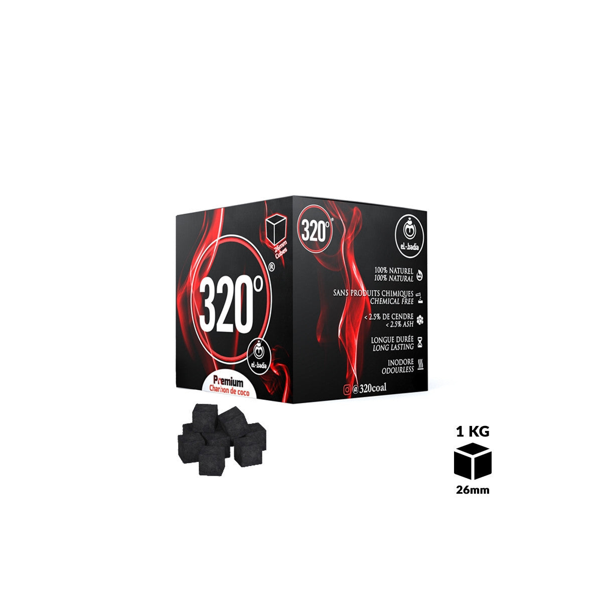 Carboncini Narghilè El-Badia 320° Cubetti 26mm – 1Kg Premium